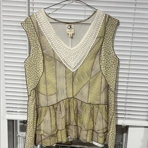 Anthropologie Green and Cream Patterned Blouse
